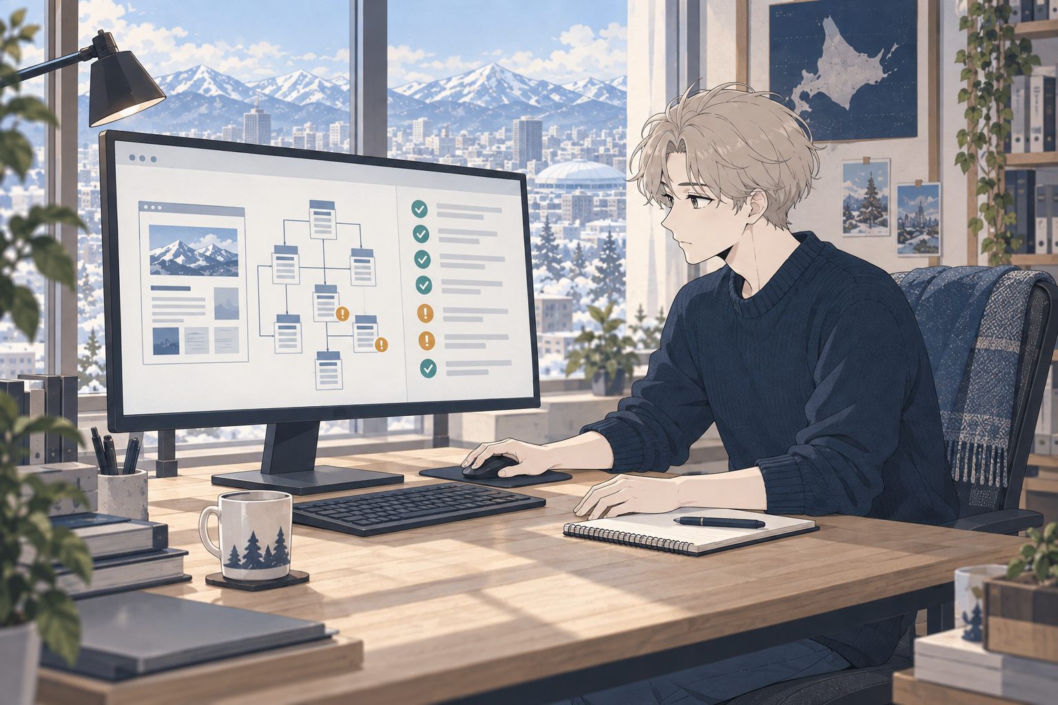 Webサイトの構造図とチェック項目をモニターで確認するエンジニアのイラスト