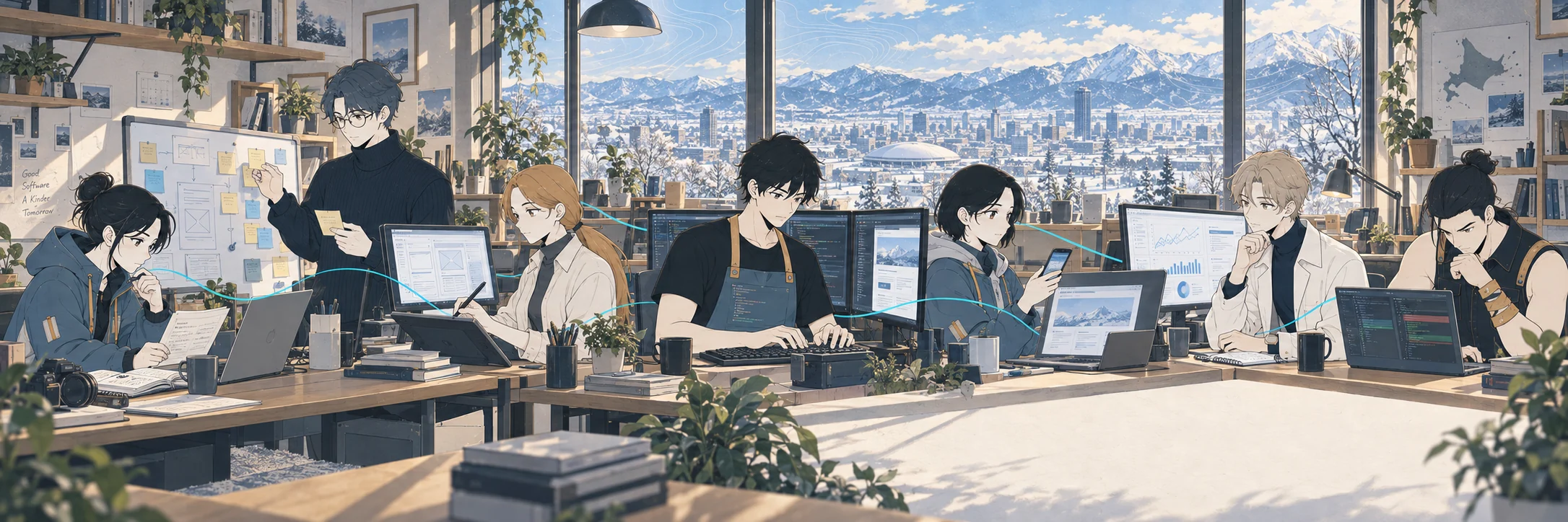 ソフトウェアの制作工程を表現した7人のキャラクター
